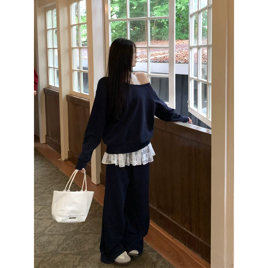 大码女装设计感宽松遮肉斜肩上衣直筒休闲阔腿裤2025春季新款韩系