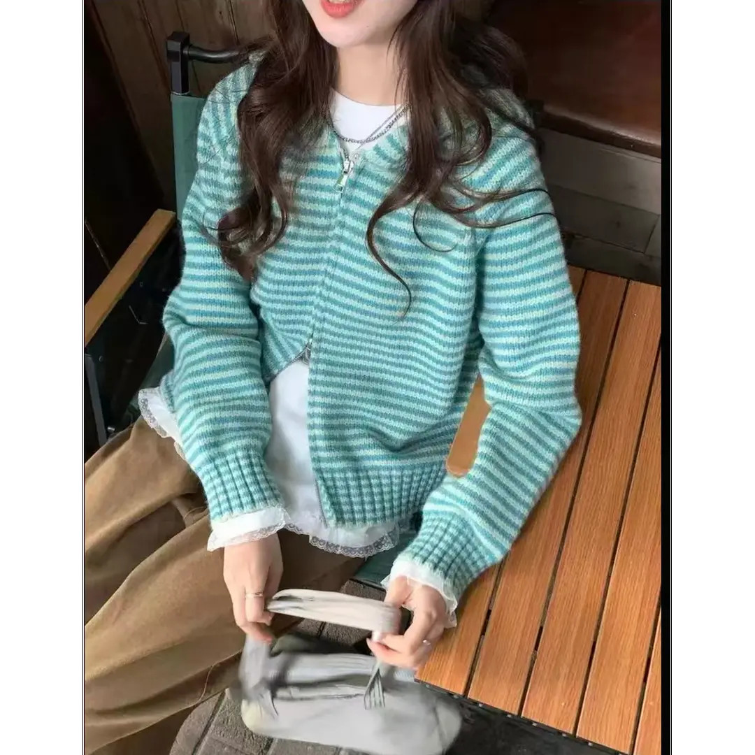 【运费险】韩系慵懒风毛衣秋季新款宽松加厚连帽条纹拉链针织外套