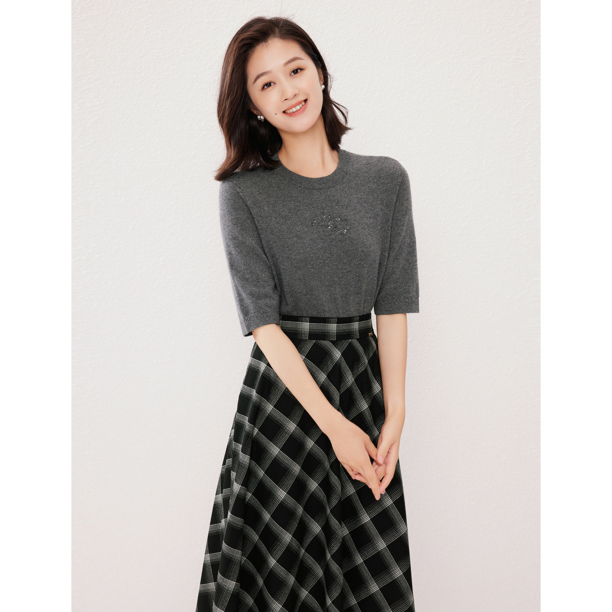 【CC专属】织花五分袖气质通勤针织衫百搭上衣EZ02286X1