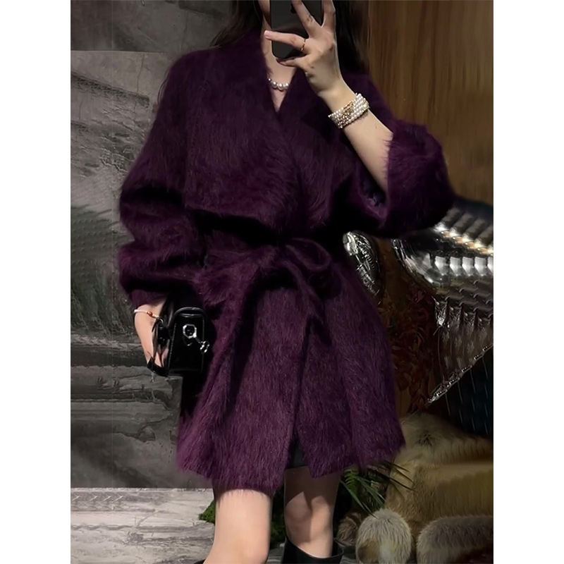 复古大翻领毛呢外套女2025冬季中长款新款系带收腰显瘦大衣轻奢