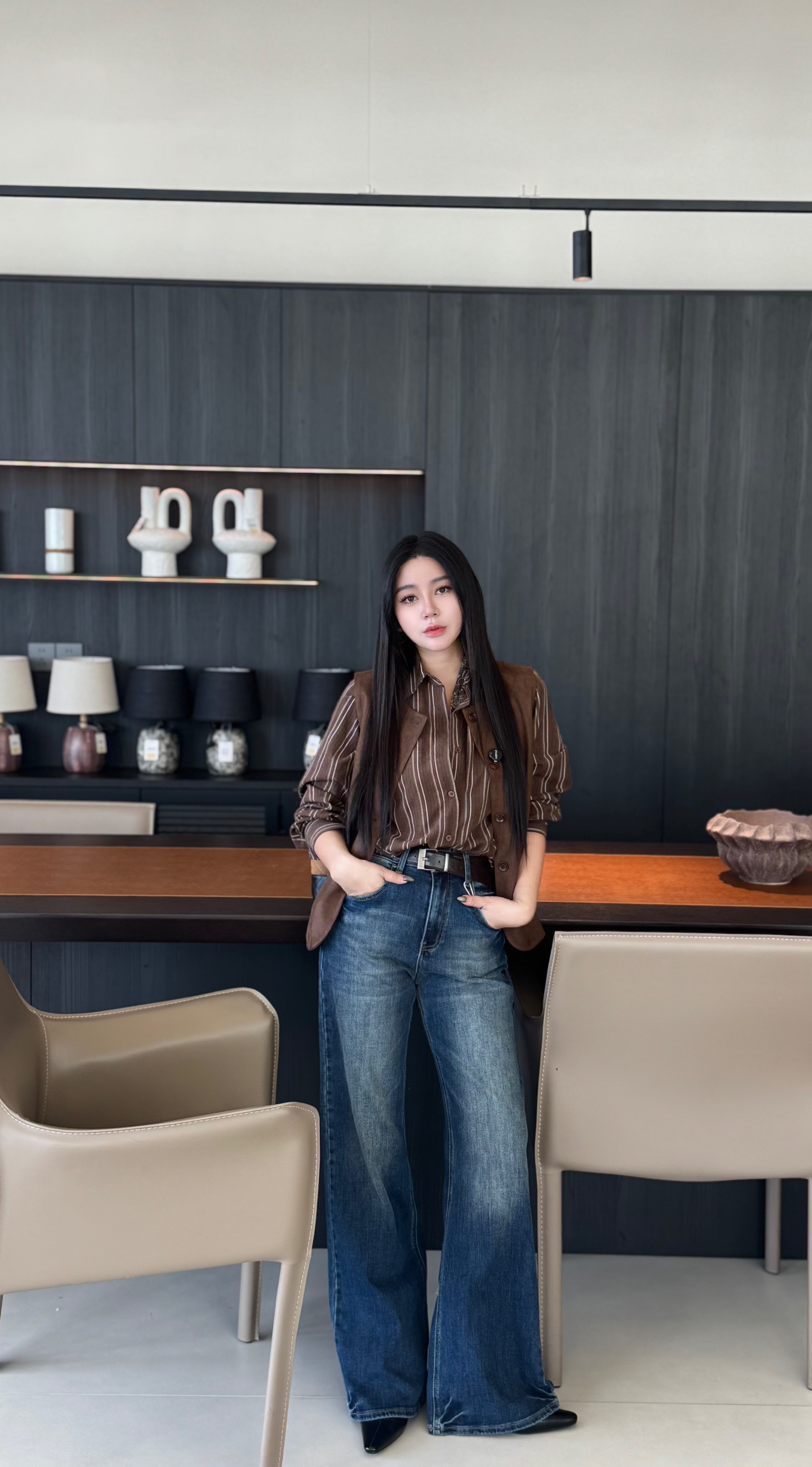 3092复古洋气高腰宽松显瘦窄版直筒阔腿牛仔长裤女秋款