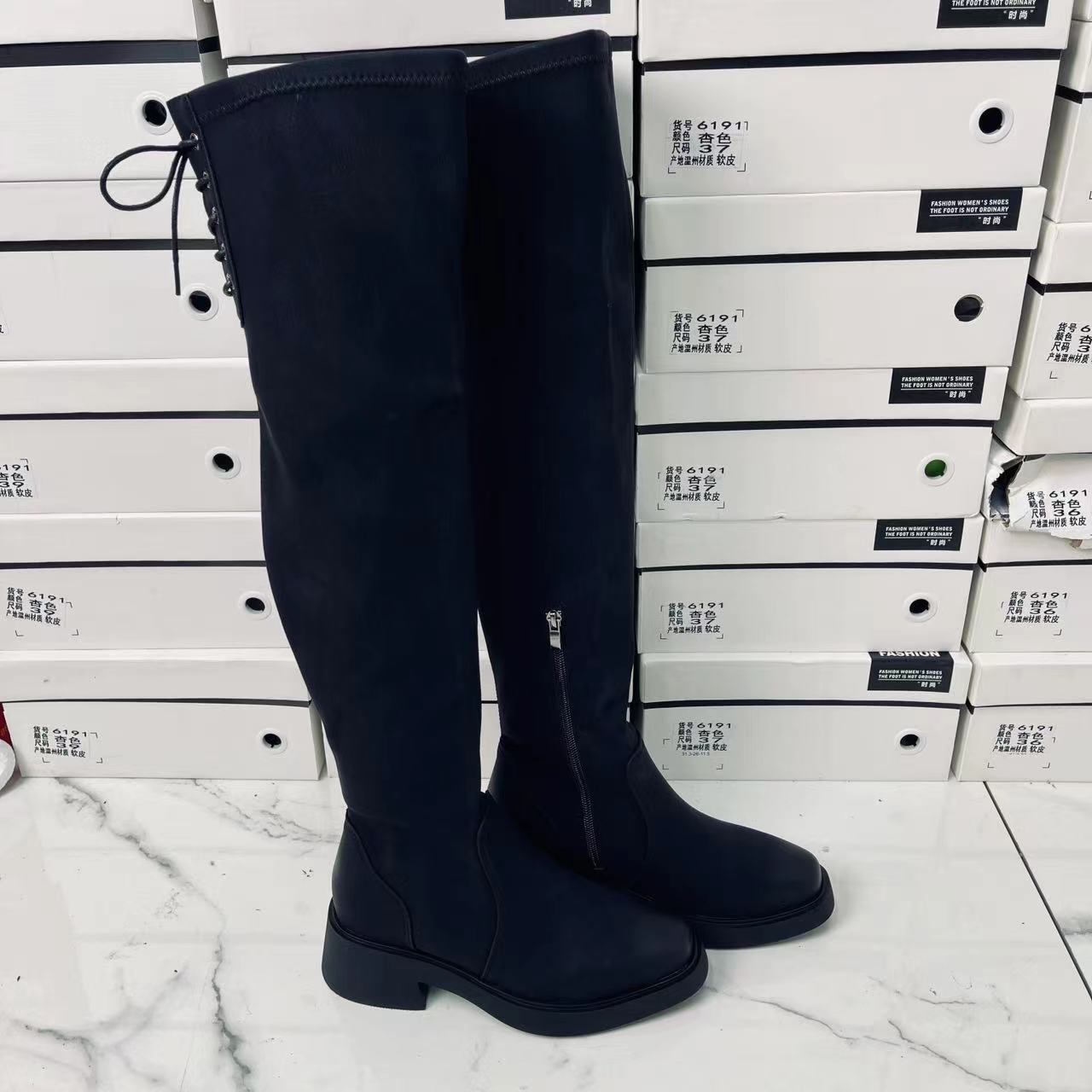 6191过膝女堆堆靴杏色2025秋冬新款粗跟高跟骑士靴长筒靴小个子