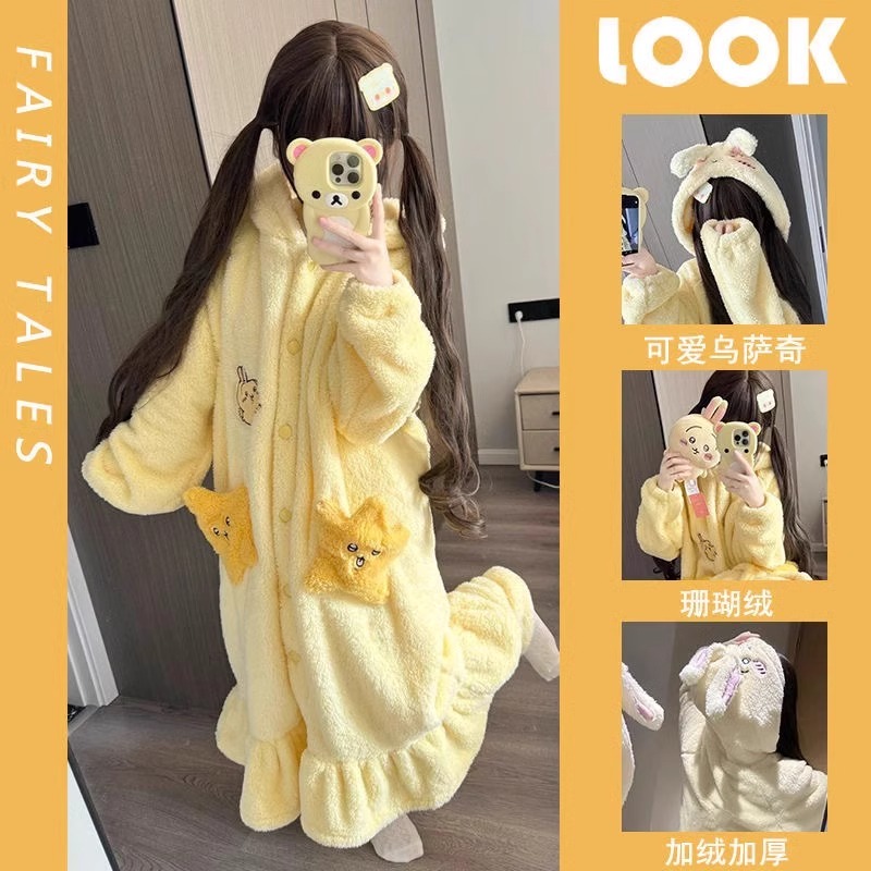 可爱卡通乌萨奇珊瑚绒连帽睡衣女冬季新款加绒加厚可外穿家居服