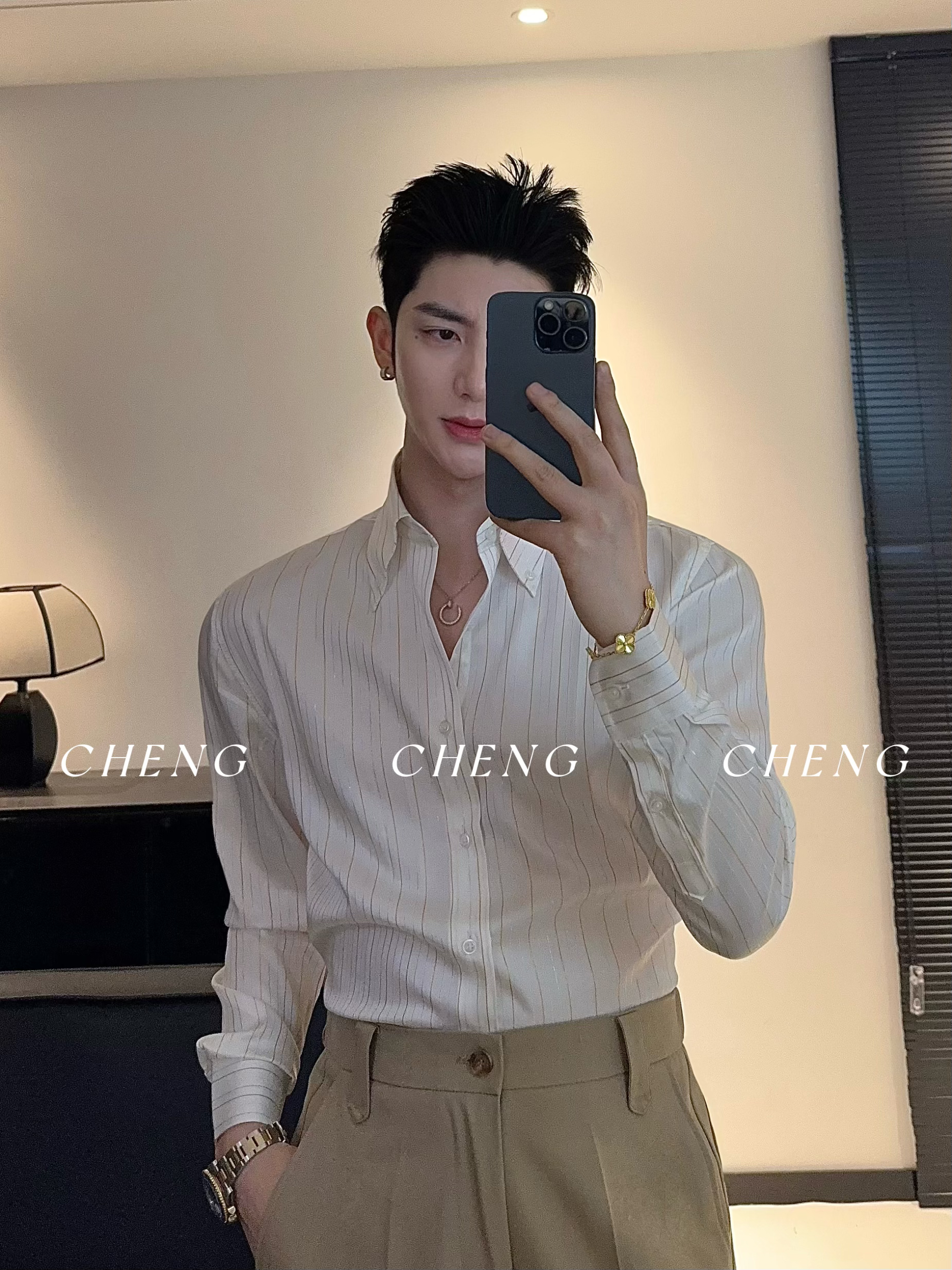 「程程的试衣间」高品质亮丝条纹时尚感衬衣百搭休闲长袖男士衬衫