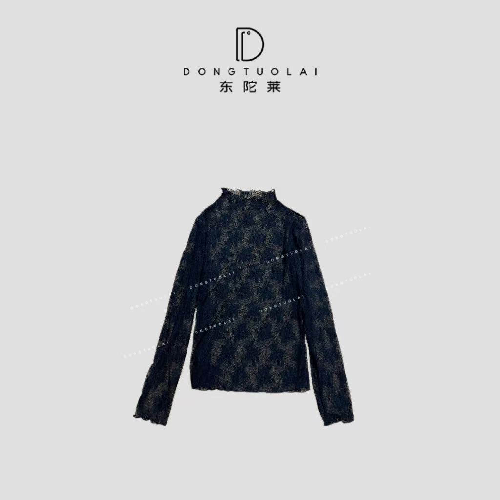 《女人心》长袖罩衫纯色镂空黑白蕾丝打底衫半高领上衣网红百搭