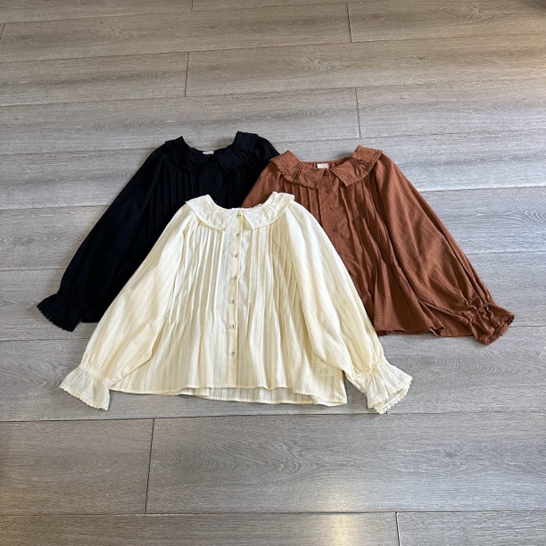 ALJ389森系甜美娃娃领提花绵长袖衬衫衬衣。