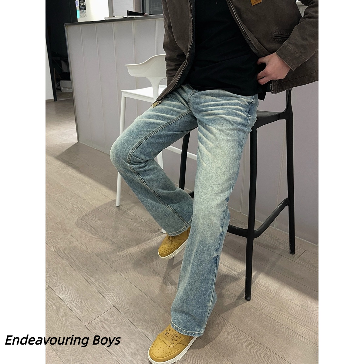 ENF 美式复古直筒做旧冰蓝517版型手工猫须纹牛仔裤宽松休闲clean