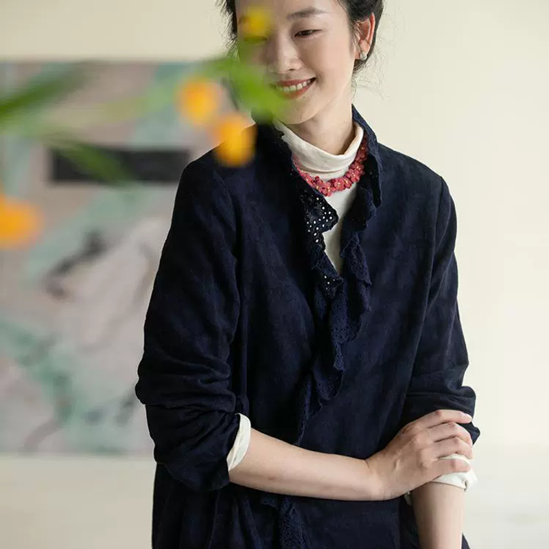 牧衣游原创 提花亚棉麻混纺开衫禅意复古文艺衬衫上衣女新款 暮青
