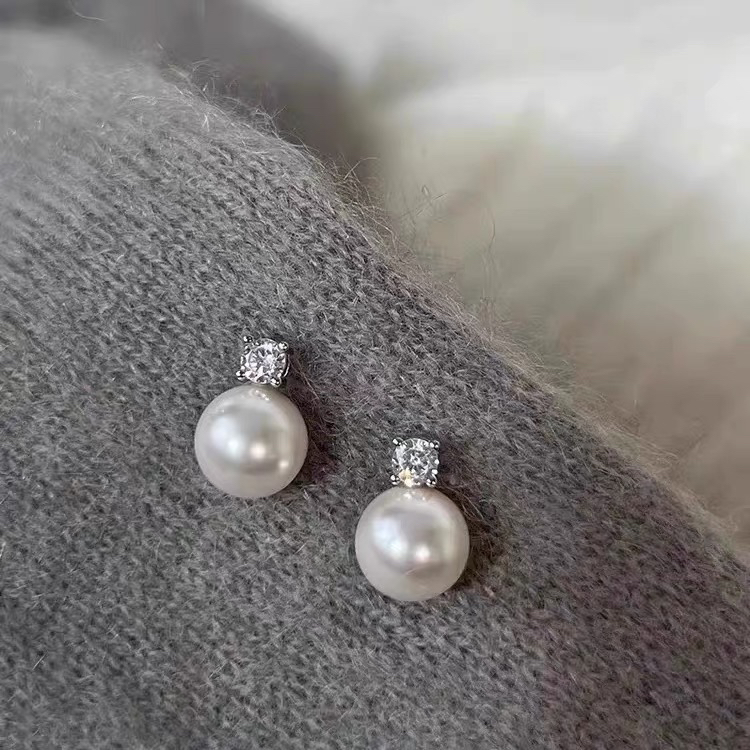 146-戴妃款天然淡水珍珠耳钉8-9MM银色底托优雅百搭耳饰珍珠耳钉