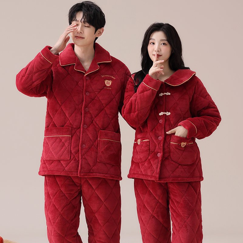 三昌珊瑚绒情侣睡衣夹棉冬季加绒加厚三层可外穿法兰绒保暖家居服