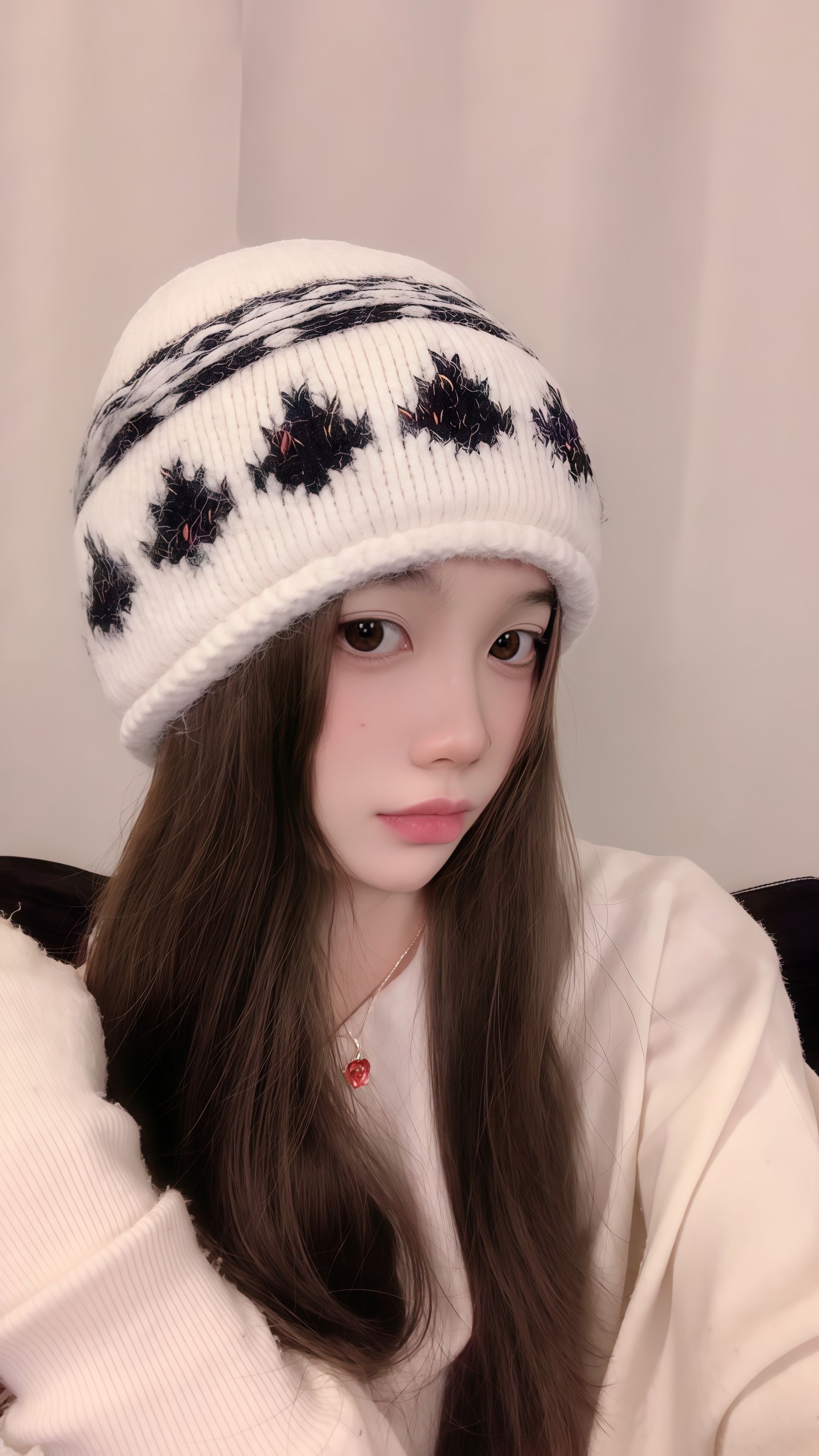 提花格纹费尔岛针织毛线帽子百搭秋冬冷帽混色双层织显脸小