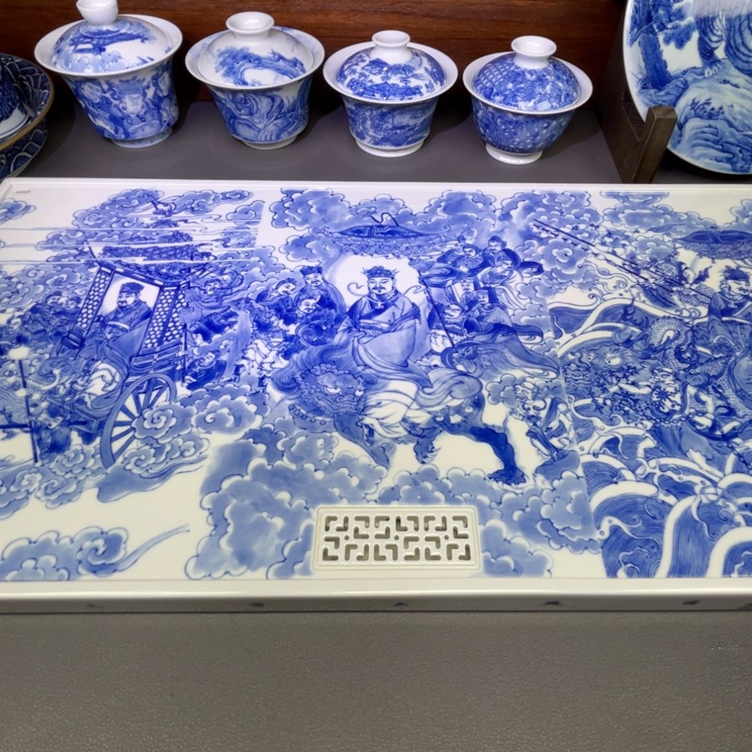 青***山摆件陶手工手绘三官