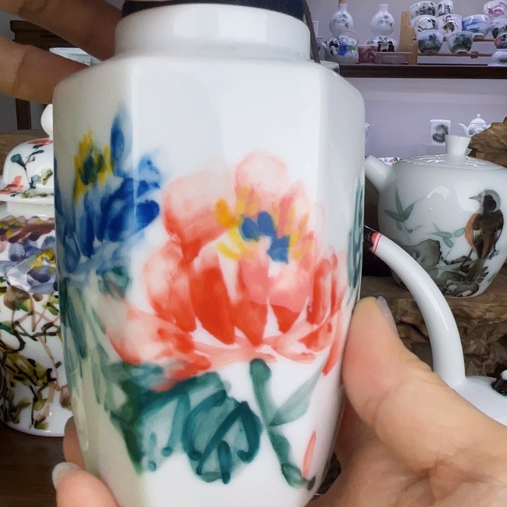 杯茶叶罐手绘釉下彩