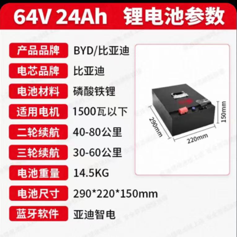BYD比亚迪64V24A磷酸铁锂电池电动车，质保5年，可用10年。