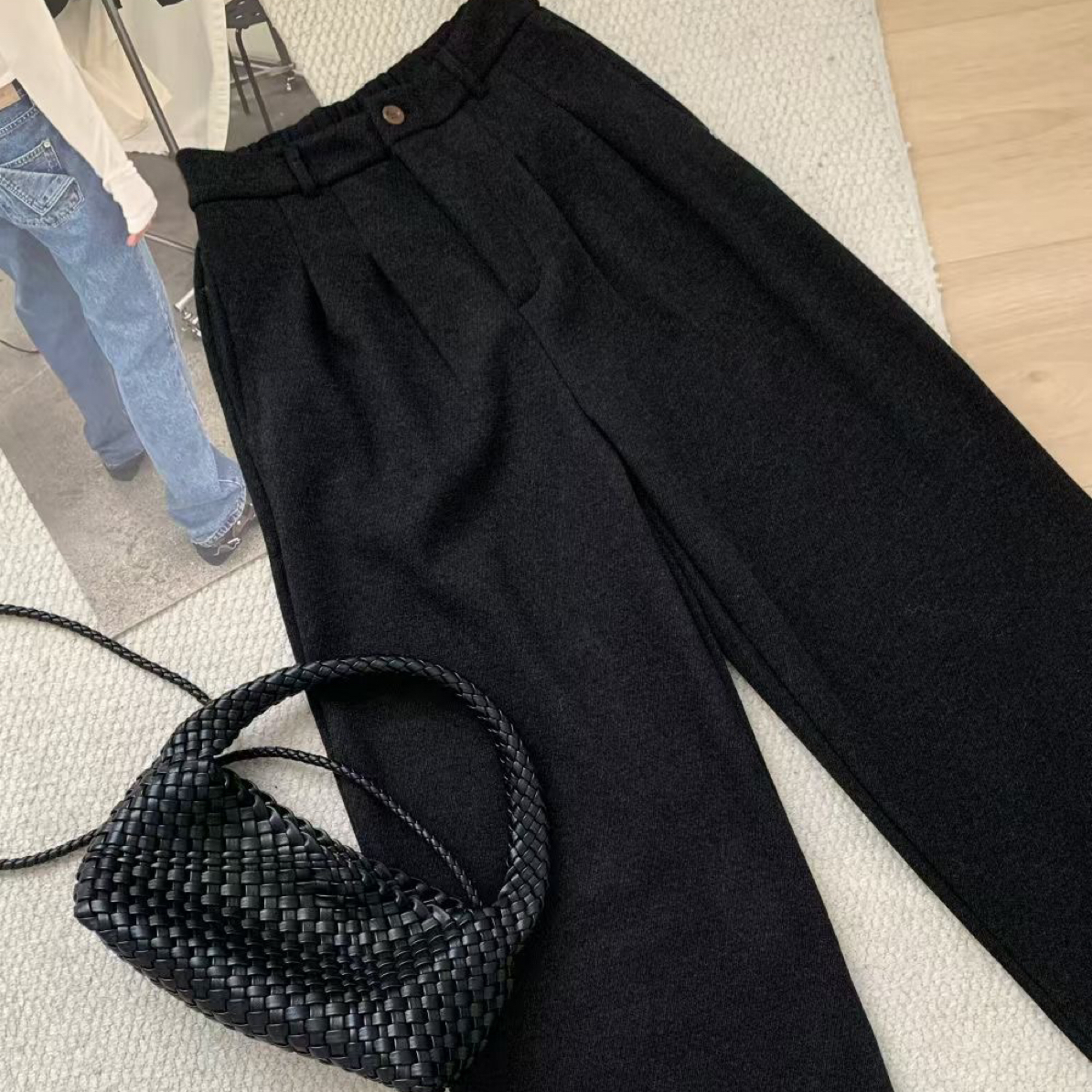 秋冬醋酸羊毛加绒阔腿裤抗气球