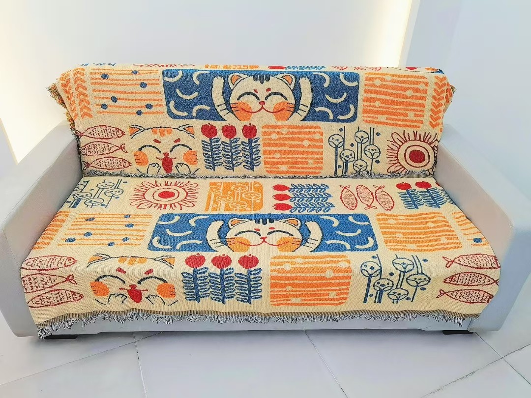 【招财猫130*180】贵妃位沙发巾盖毯四季通用沙发垫双面毯子