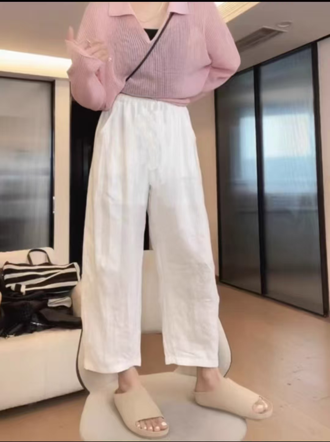 《大亭家》夏季薄款麻裤九分阔腿裤女宽松直筒休闲显瘦百搭2513