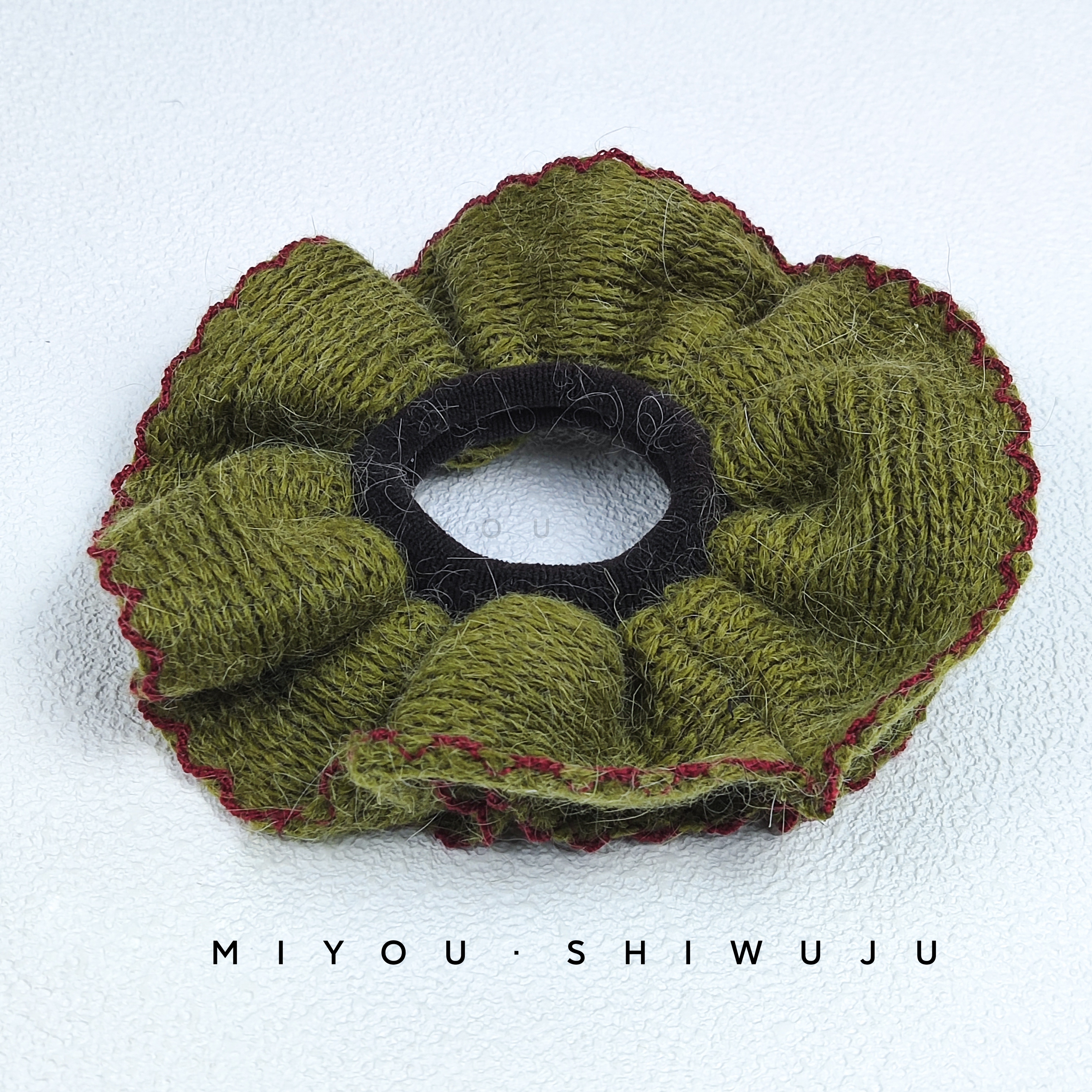 绿色毛线红边大肠圈手工气质针织时尚百搭