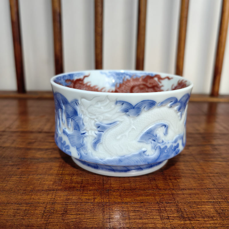 自成堂柴窑雕龙画龙五龙主人杯青花釉里红马蹄杯纯手工雕刻绘画龙