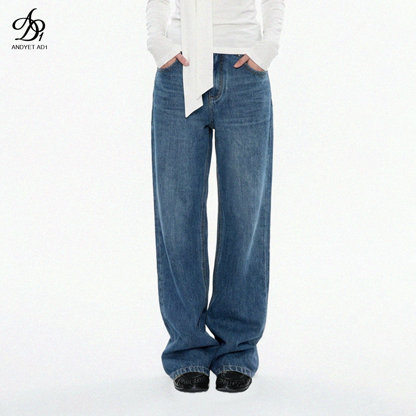【春季新款】春夏百搭时尚宽松直筒高腰阔腿复古牛仔裤