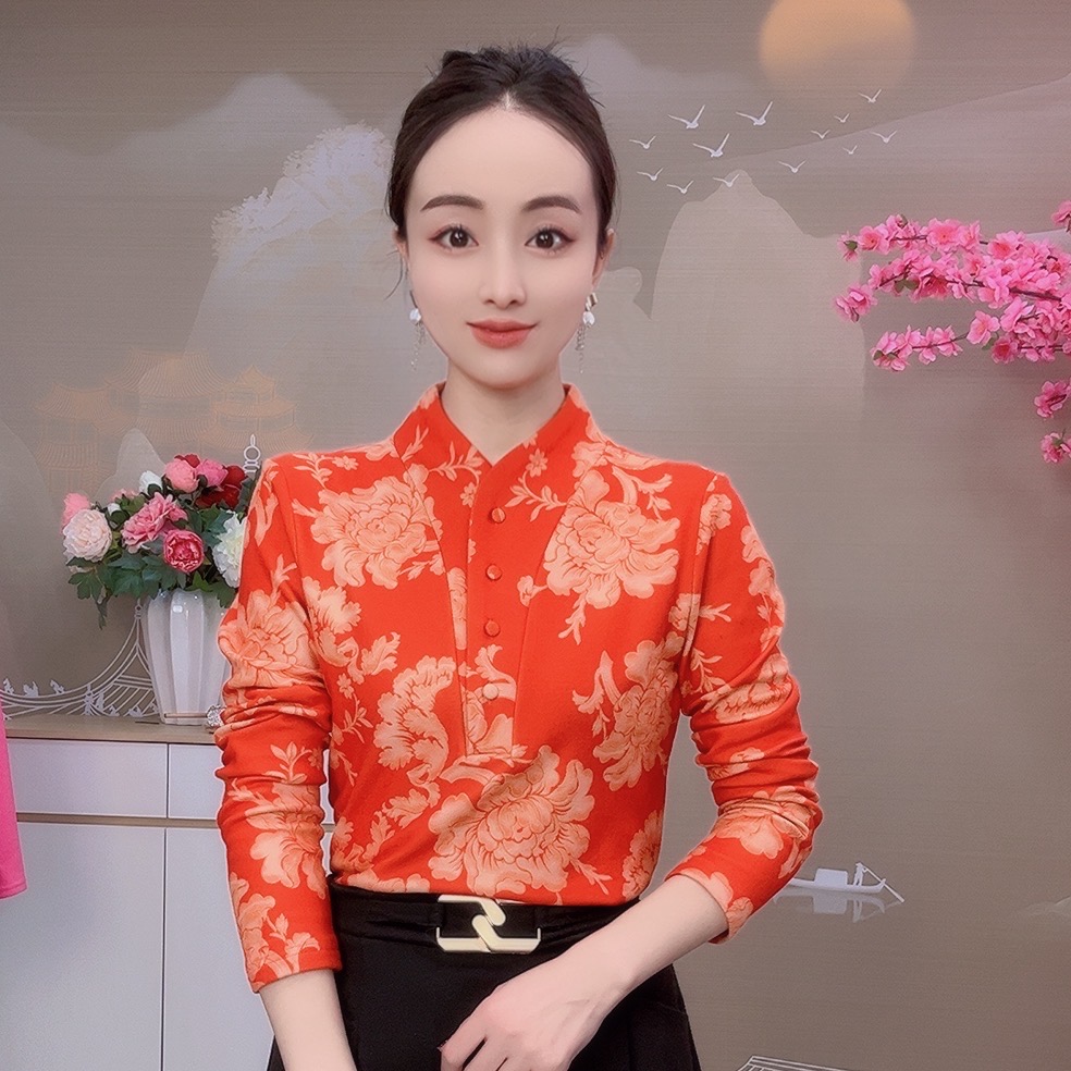 2820款长袖加绒打底衫印花气质小衫洋气妈妈装半高领内搭可外穿
