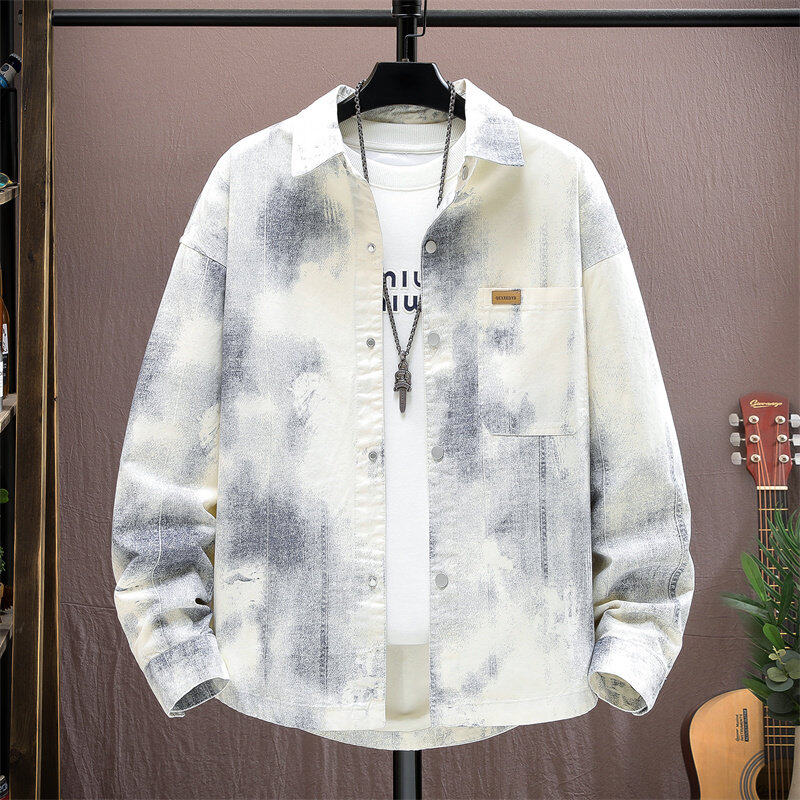 2025春秋季新中式牛仔外套男复古中国风花色潮流扎染棉质夹克2527
