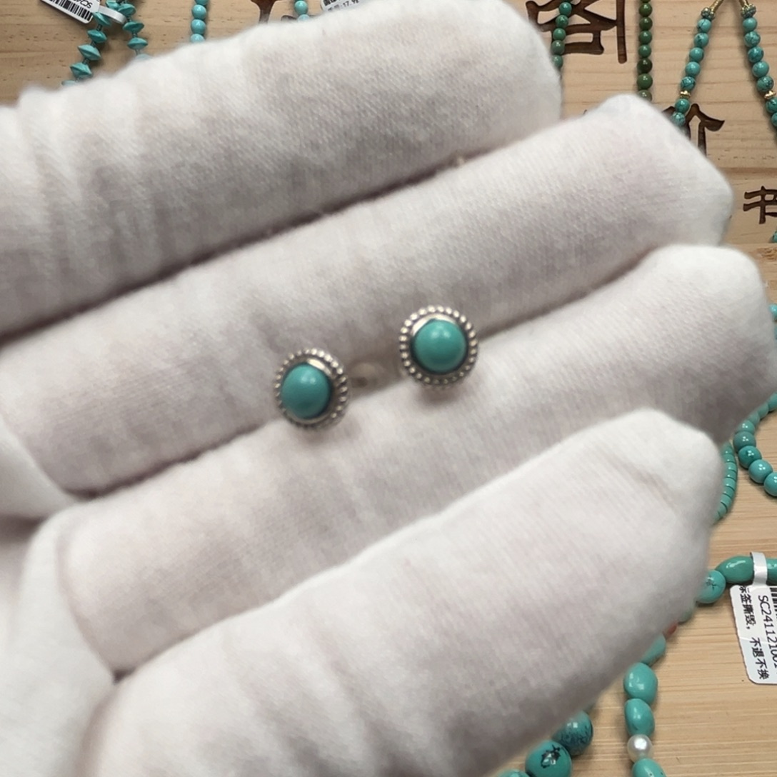 绿松石耳钉银S925镶嵌