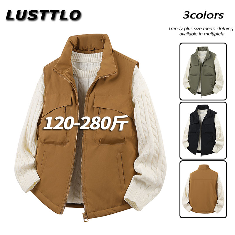 大码宽松多口袋百搭纯色马夹无袖外套秋冬新款加绒保暖立领马甲男