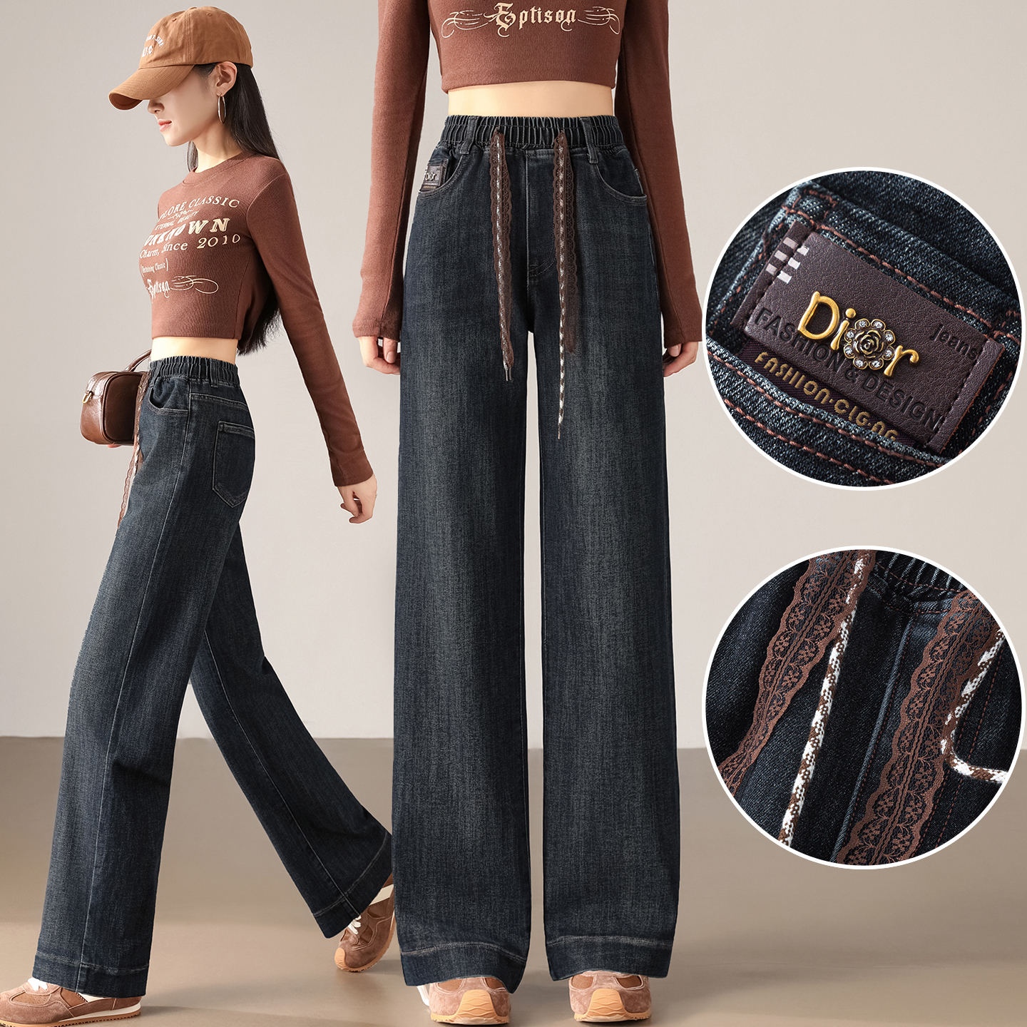 复古深色阔腿牛仔裤女2025年春秋新款高腰显瘦垂感学生窄版直筒裤