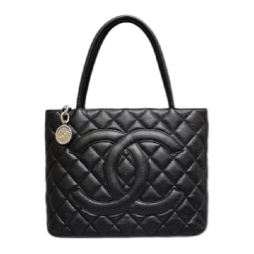 95新 Chanel/香奈儿 希尔顿黑银牛皮托特包/JW1516