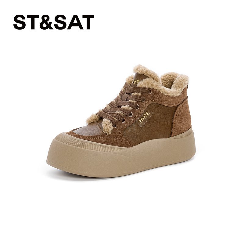 星期六增高时尚高帮鞋女款2025冬款圆头舒适百搭时尚复古休闲鞋