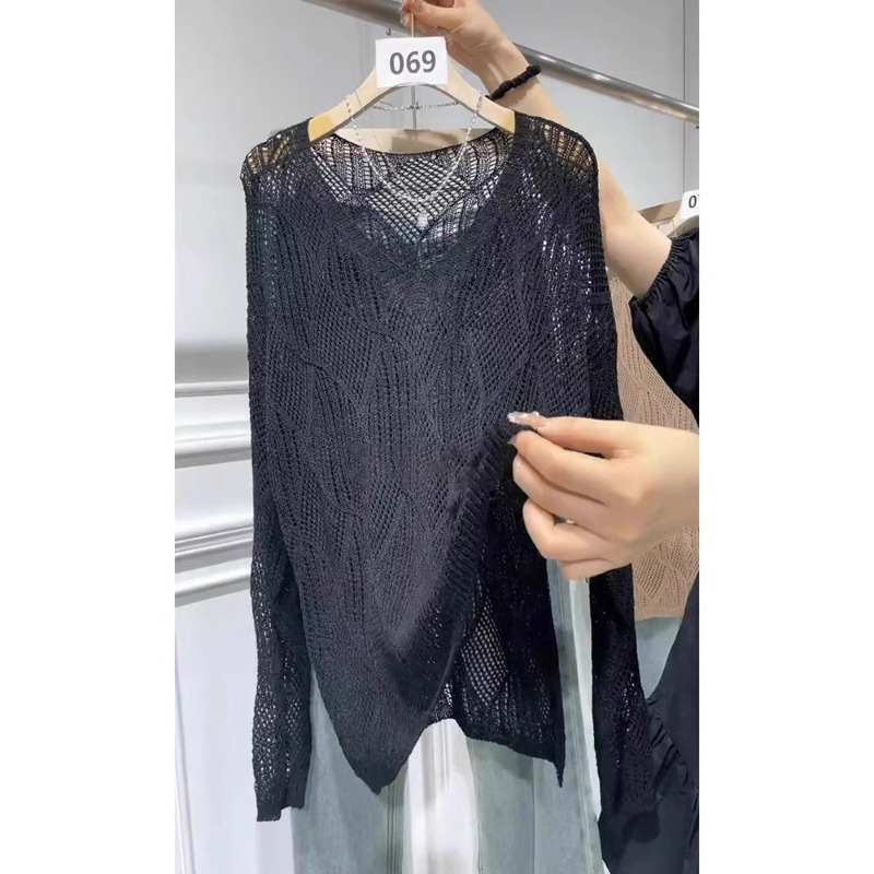 QDB41724黑色性感镂空针织显瘦上衣洋气减龄高级感长袖t恤女夏季