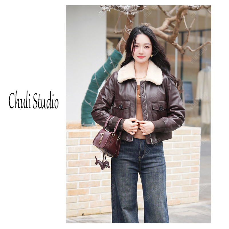 【ChuLi】专柜品质复古高级感咖色翻领皮衣夹克短外套