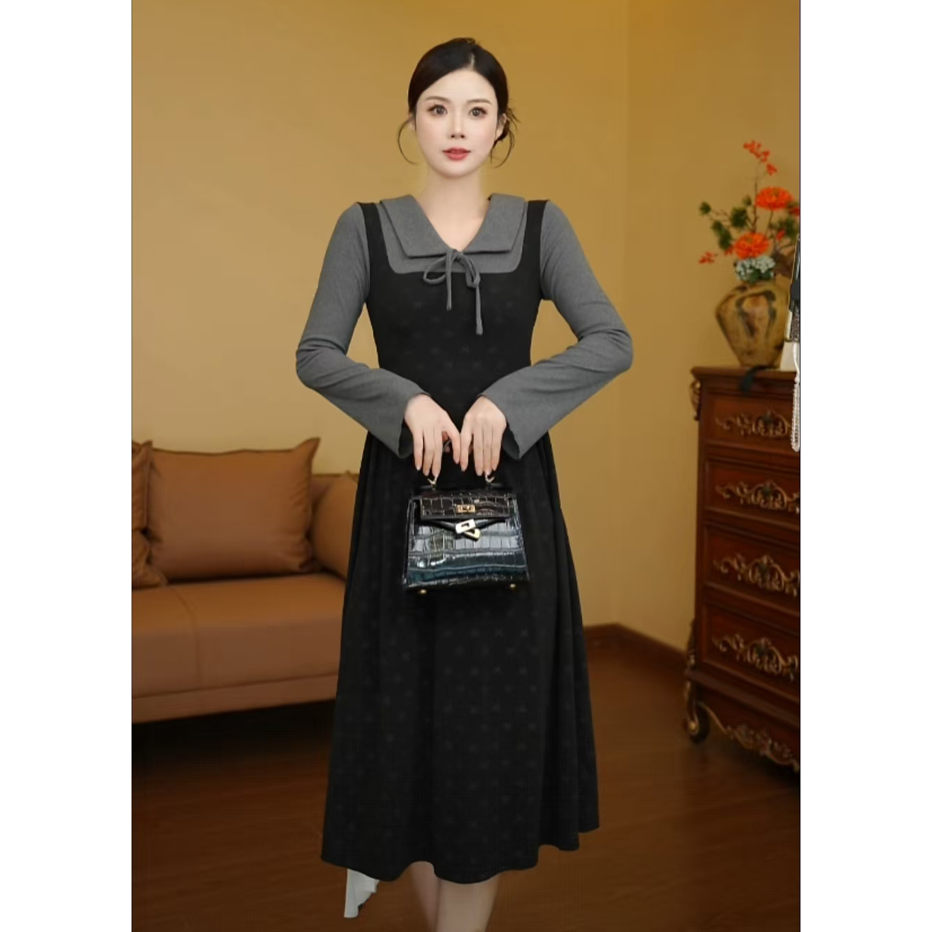 【利姐专属】针织连衣裙女秋冬季新款赫本风显瘦打底长裙D4071