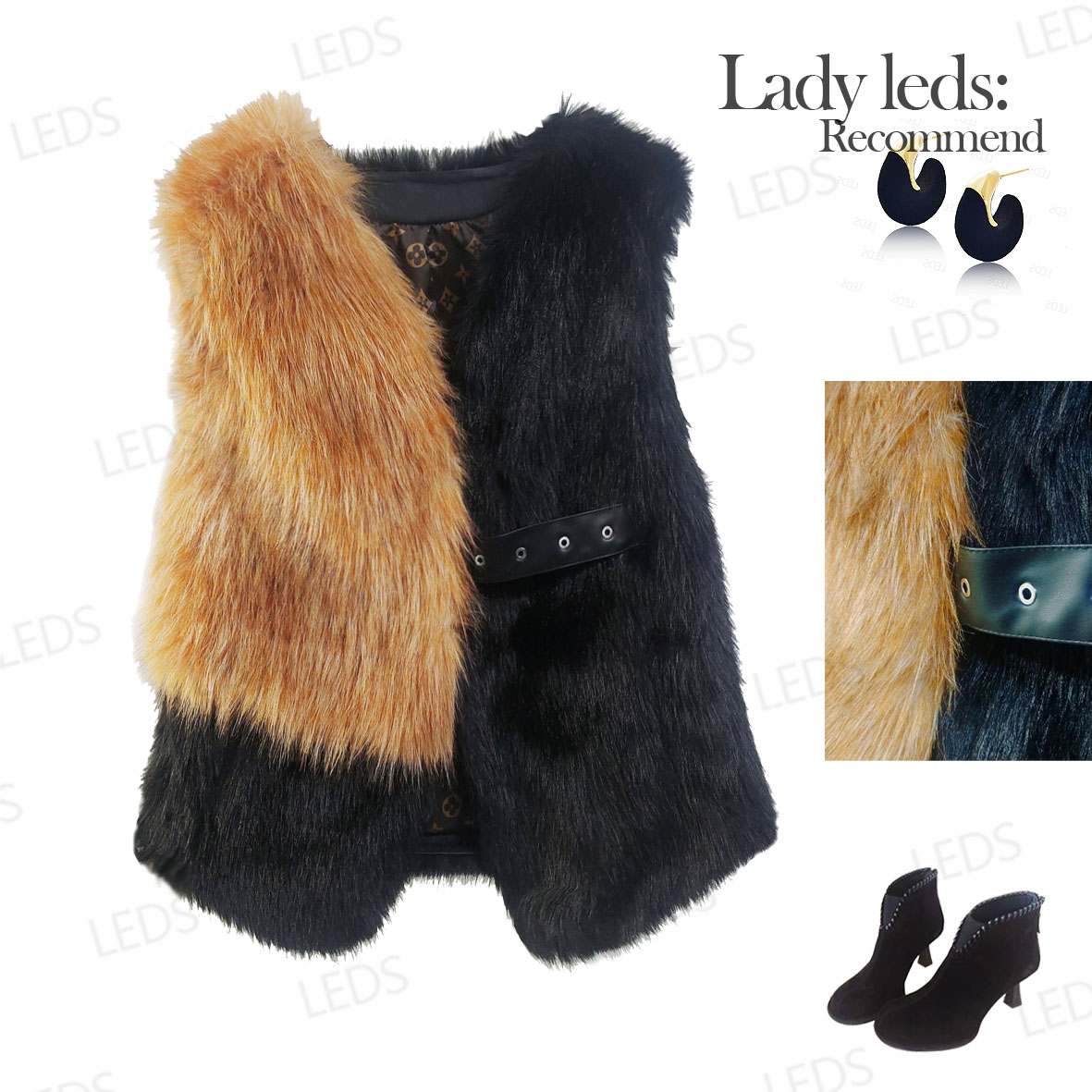 LEDS 25389【轻奢撞色美学】秋冬装饰带收腰毛绒无袖坎肩高级感马夹