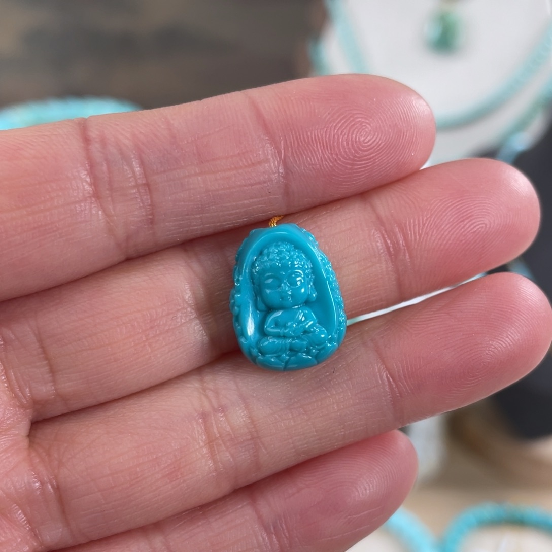 绿松石未镶嵌套链12*15玉化蓝双面佛