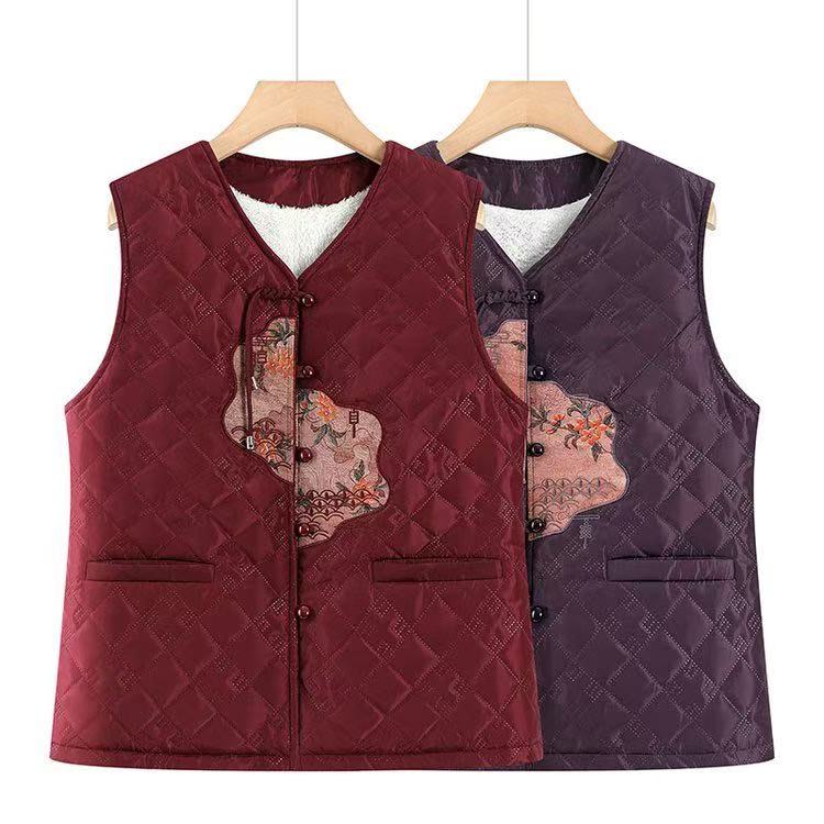 点-新中式小V领马甲中老年坎肩洋气不规则拼布马甲2523