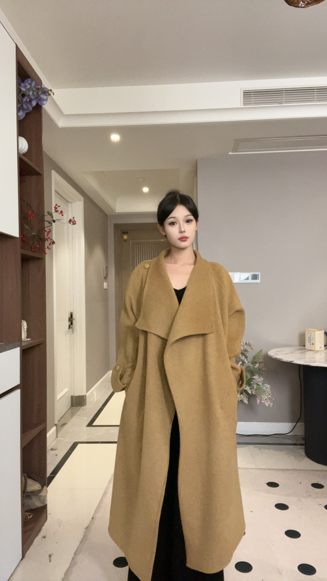 【】翻领常规袖长款法式秋冬羊毛双面大衣外套休闲百搭