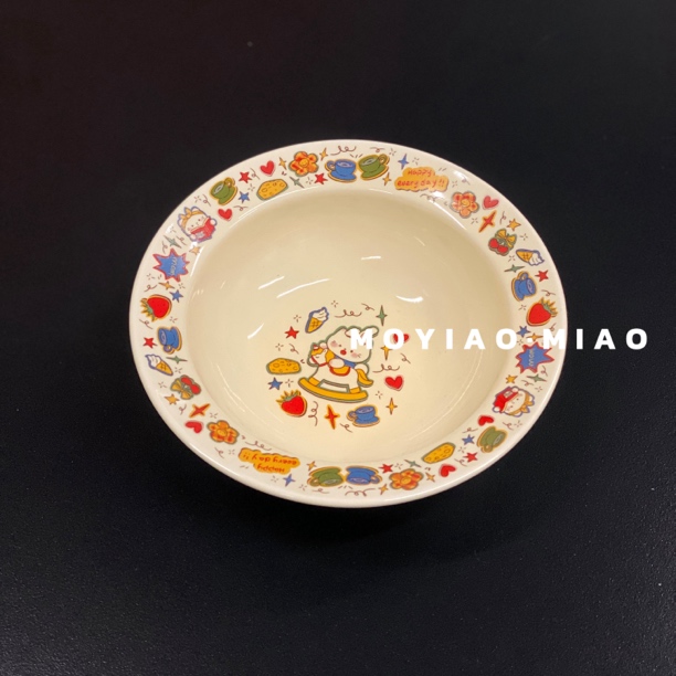 摸一凹·喵 猫咪粮碗涂鸦小兔子草帽碗陶瓷水碗创意酸奶碗罐头碗