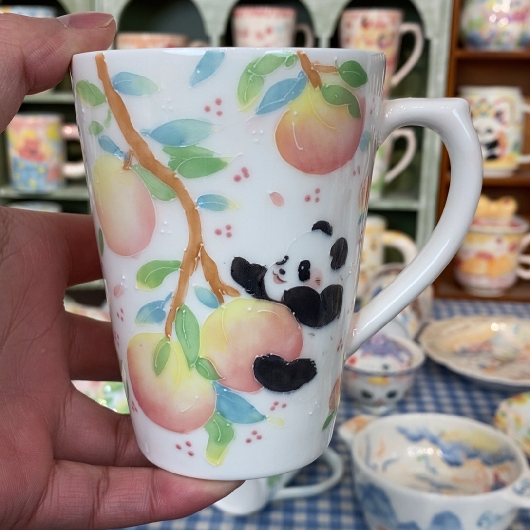 瓷片桃子熊猫马克杯微瑕