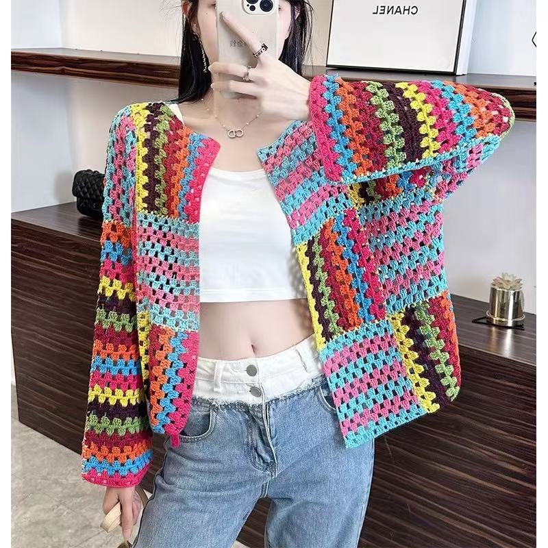 91号 手工钩织彩色开衫毛衣