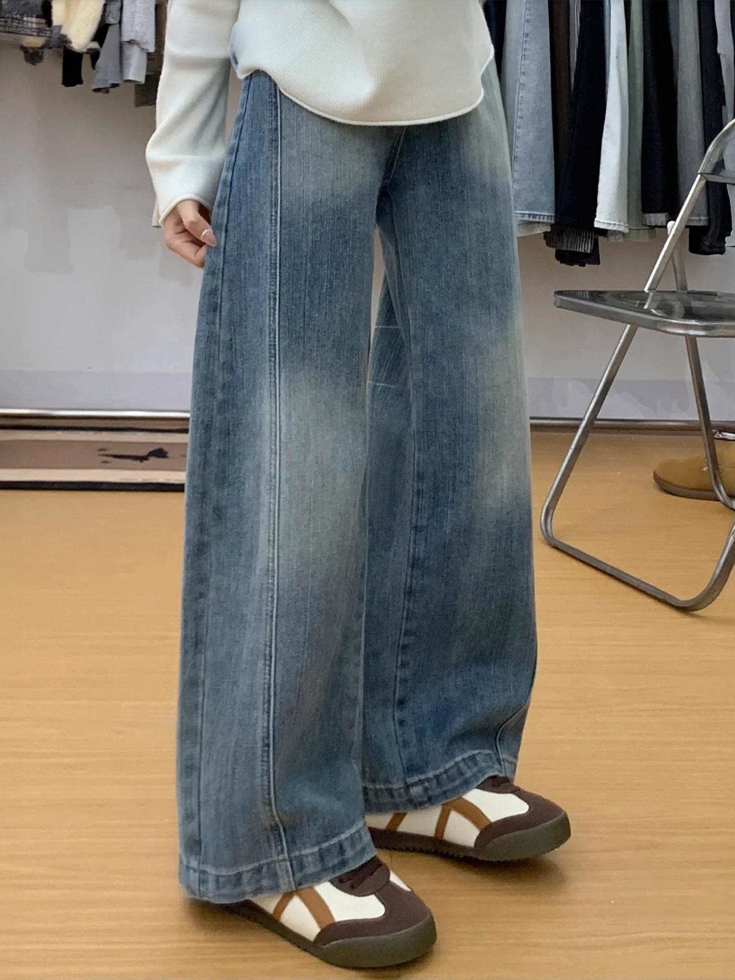 美式复古阔腿牛仔裤女秋季新款胖妹妹mm高腰宽松显瘦直筒阔腿长裤