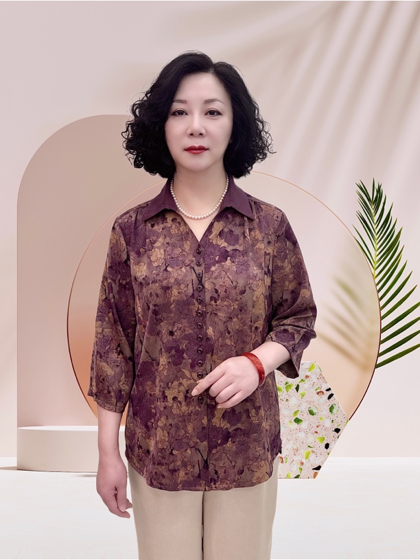 春夏贵气妈妈装翻领衬衫优雅大气中老年女装花型开衫