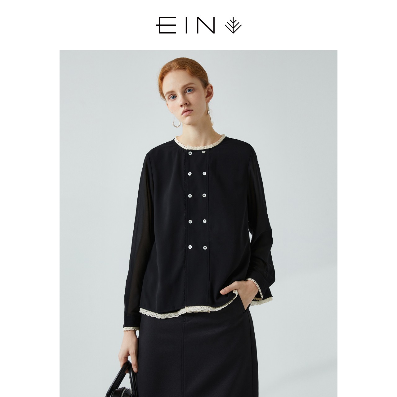 EIN/言【法式茶歇】浪漫盐系圆领蕾丝花边长袖时尚上衣衬衫女装夏