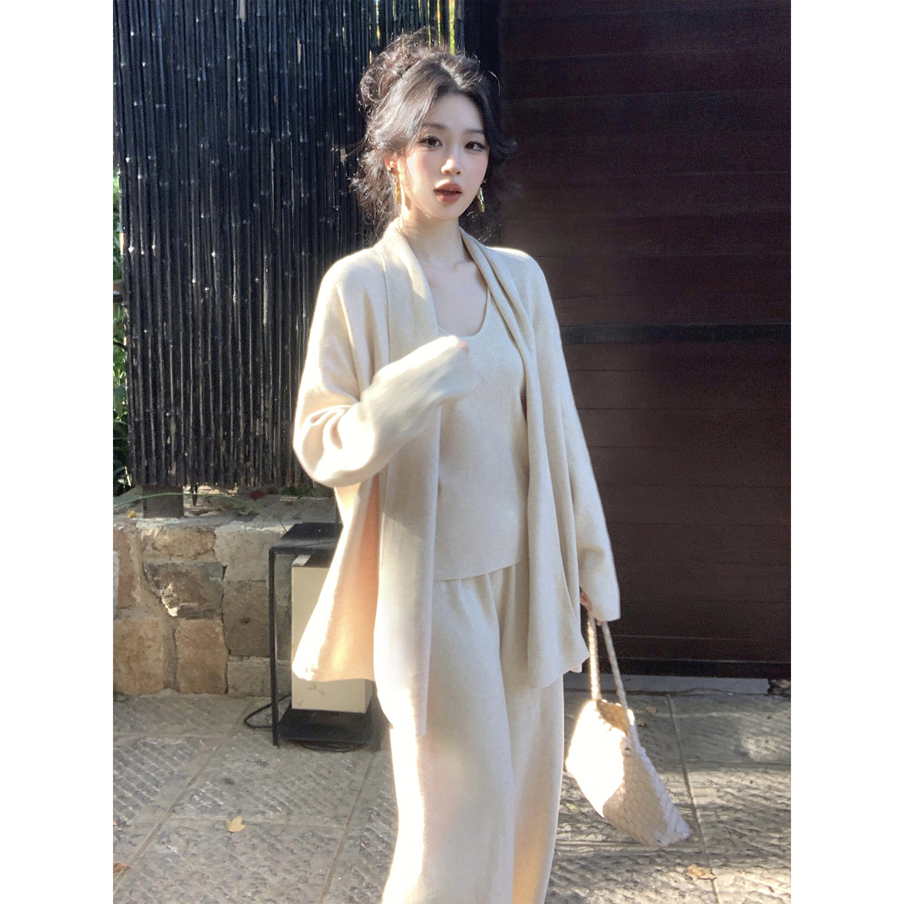 SYT自制 纯色软糯风开衫背心阔腿裤宽松插肩袖通勤休闲长袖套装女