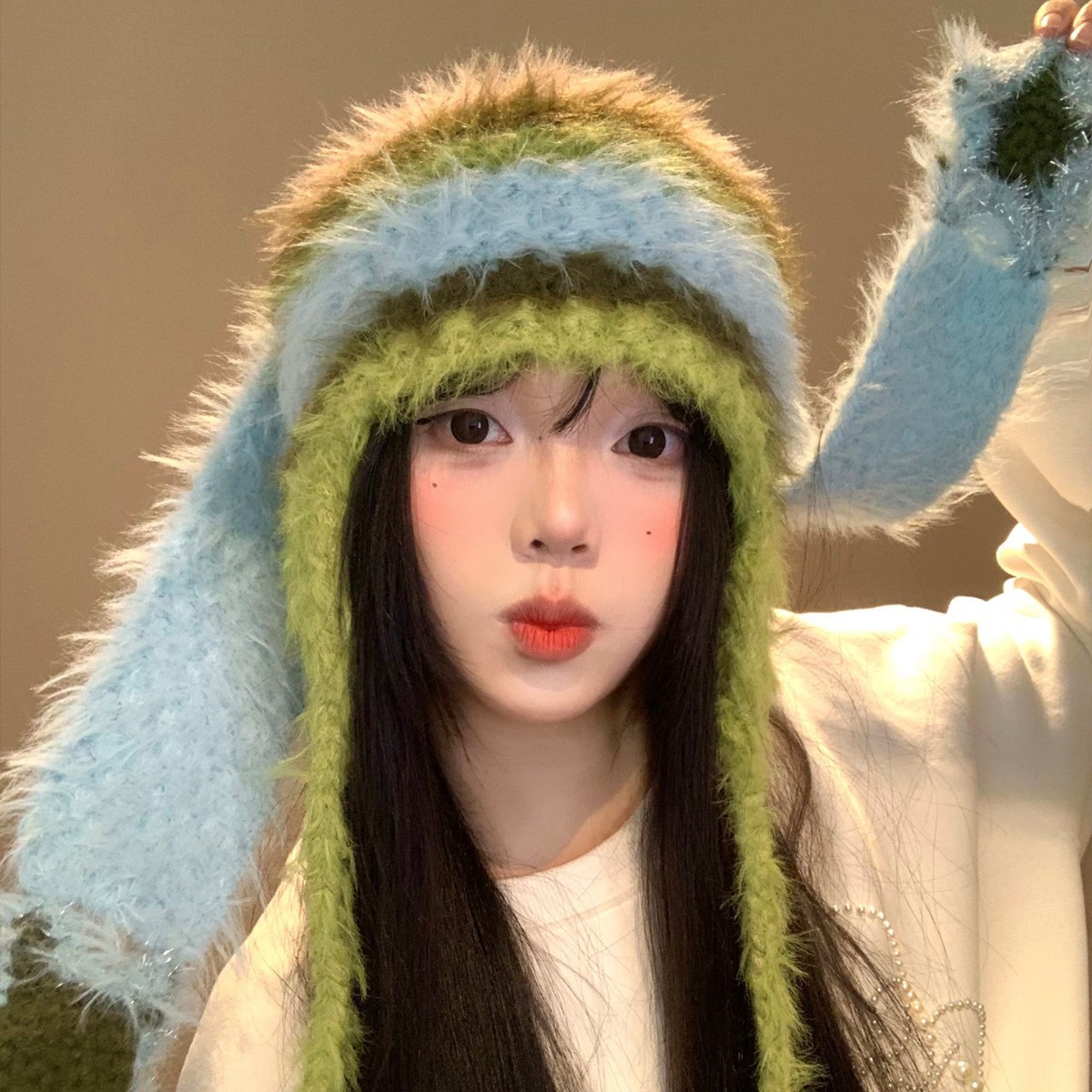 彩色条纹毛绒针织兔耳朵帽子女秋冬季可爱显脸小保暖护耳毛线帽子