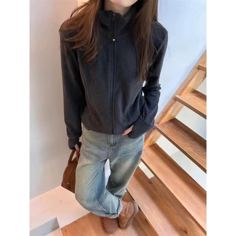 9212#秋季新款时尚洋气双拉链立领双面德绒卫衣女纯色开衫外套