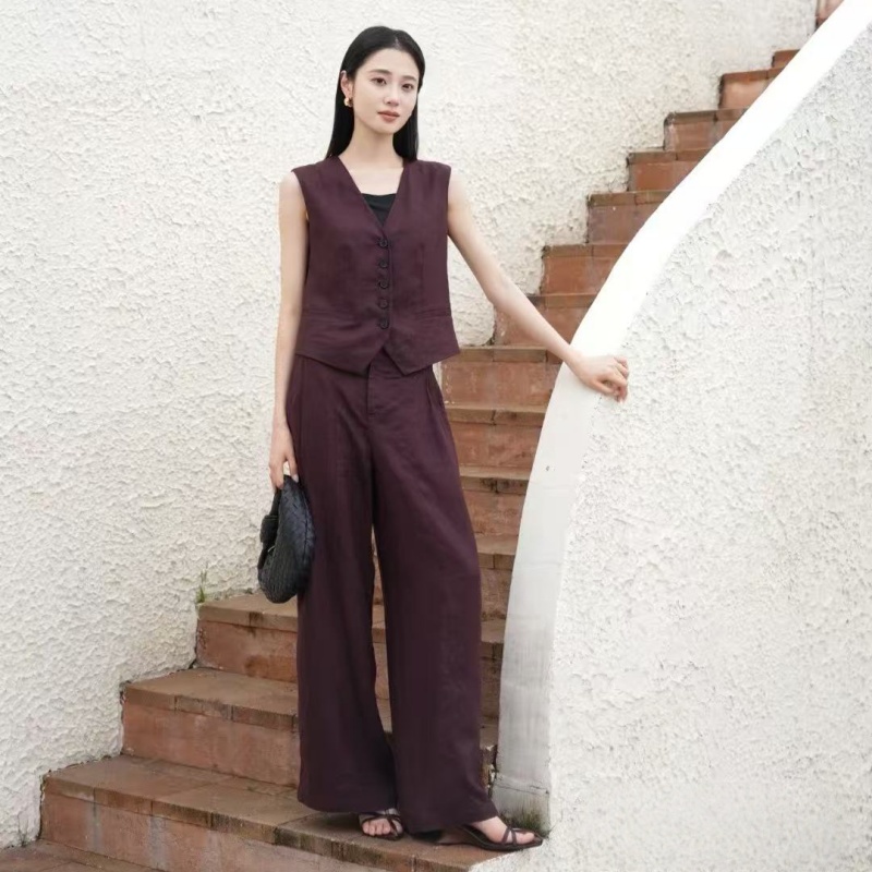 【套装】商场同款2025夏款老钱风亚麻背心马甲直通阔腿长裤套装1516