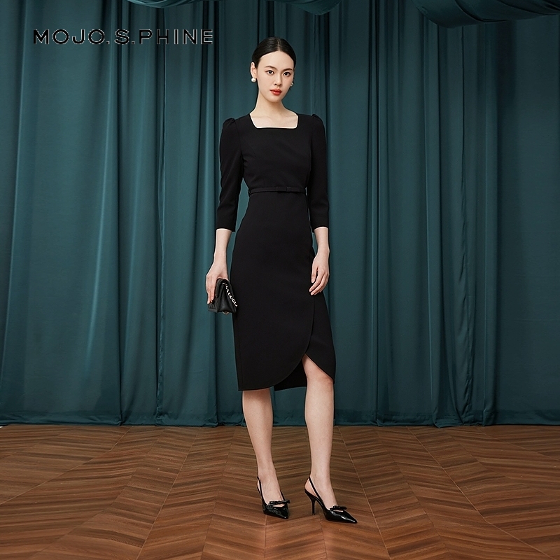 显瘦九分袖长裙25夏季薄款轻奢优雅法式黑色长裙MOGC03WOP006