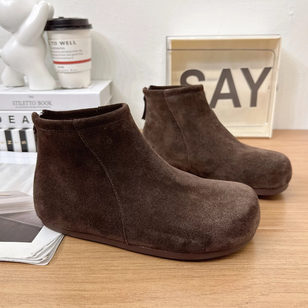 186-2短靴单靴冬季粗跟黑色裸靴松糕底百搭韩版防滑